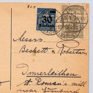 GERMANY INFLATION 1923 Card *Zwickau* PHILATELY EXCHANGE ADVERT Edinburgh ZV250