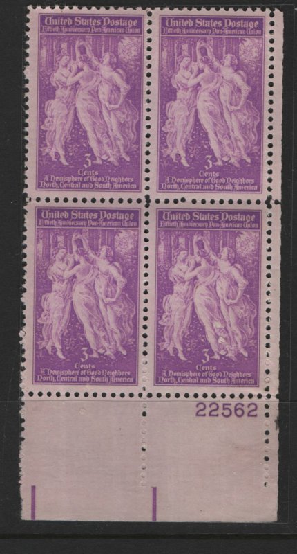 US, 895 , MNH, PLATE BLOCK, PAN AMERICAN UNION 1940