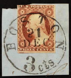 U.S. Used Stamp Scott # 11 3c Washington (on piece) SOTN Boston CDS 3 cts Cancel