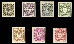 Monaco #J28-34, 1946 Postage Dues, 10c-4fr, seven imperf. values, never hinged