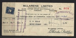 Canada 3c Excise Revenue on  1938 Bank Cheque / Check