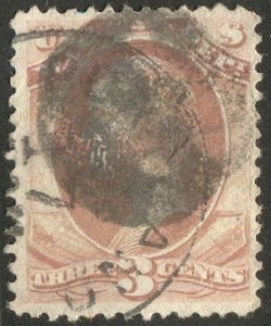 US 1873 Sc O85  F Used 3c rose, War Department Official