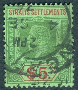 STRAITS SETTLEMENTS-1926 $5 Green & Red/Green Sg 240a GOOD USED V18748