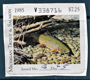 US 1985 MI Trout and Salmon Stamp used, affixed to portion of license