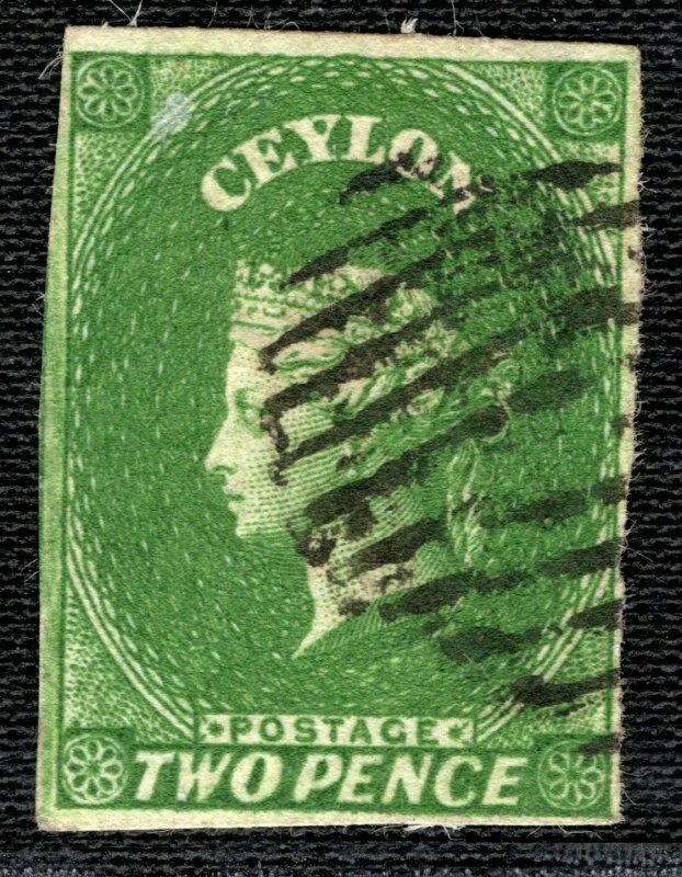 CEYLON QV Stamp SG.3a 2d Yellowish Green (1857) XF Used Cat £90+ YBLUE11