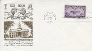 1938 FDC, #838, 3c Iowa Territorial Centennial, Grimsland