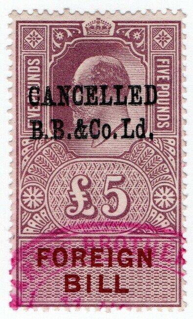 (I.B) Edward VII Revenue : Foreign Bill £5 (BB & Co pre-cancel)