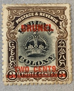 Brunei 1906 2c on 3c Labuan Crown, unused. SEE NOTE. Scott 2, CV $7.00. SG 12