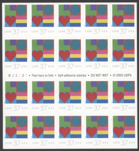2002 US Scott #3657a 37c Love Booklet of 20 MNH