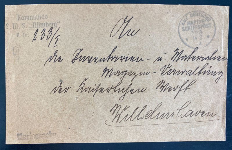 1902 German Navy Feldpost Front Cover SMS Nurnberg Battle Of Falkland Island