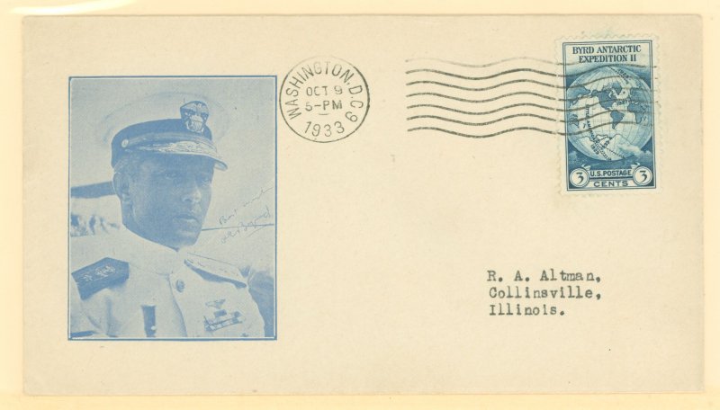 US 733 1933 3c Admiral Byrd Antarctic Expedition single on a cacheted FDC