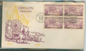 US 783 1936 3c Oregon Territory Centennial (block of four) on an unaddressed FDC with a Daniel, WY cancel and am unknown cachet