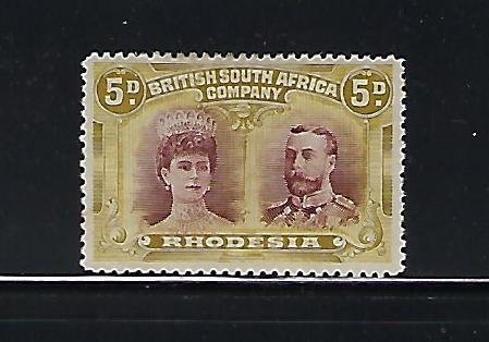 RHODESIA SCOTT #107 1910 DOUBLE HEAD 5D PERF 14- MINTLIGHT HINGED