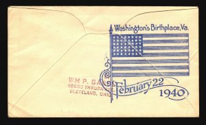 US 1940 Washington's Birthplace VA CDS / Cacheted / Cnr Crease - L4790