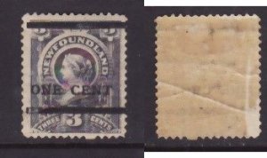 Newfoundland-Sc#76i- id24-unused heavy hinged og 1c on 3c grey lilac QV-diagonal