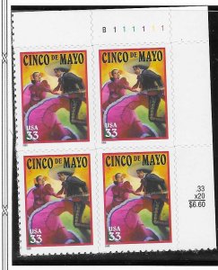 US#3309 $0.33 Cinco de Mayo plate block of 4  (MNH) CV $3.00