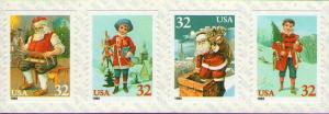 1995 32c Christmas Santa & Children, Strip of 4 Scott 3014-3017 Mint F/VF NH 