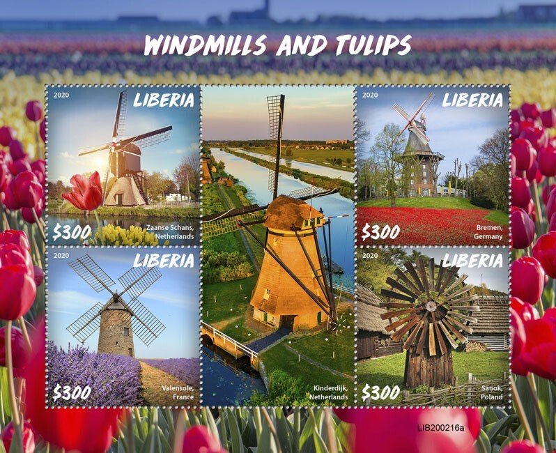 LIBERIA - 2020 - Windmills and Tulips - Perf 4v Sheet - Mint Never Hinged