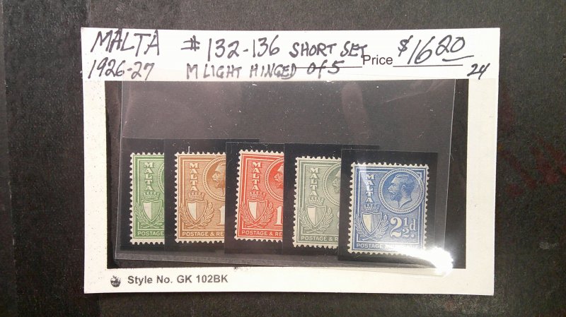 Malta 1926-27 Scott# 132-136 VF-XF OG Light Hinge short set of 5