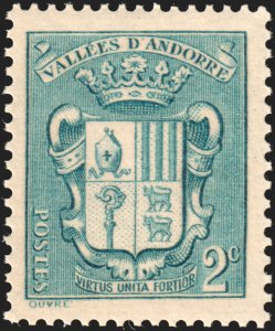 Andorra (French) #66  MNH - 2c blu Coat of Arms (1936)