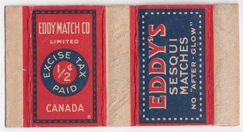 Canada Revenue 1/2¢ Excise Tax Matchbox EDDY'S SESQUI MATCHES X 4