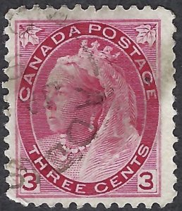 Canada #78 3¢ Queen Victoria (1898). Carmine. Fine centering. Used.