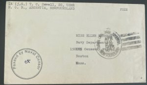 1942 Naval Base Argentina Newfoundland Censored  Cover  To Boston MA Usa