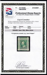 US #383 Mint OGnh, Single,  Cert & Graded GEM (100) Jumbo