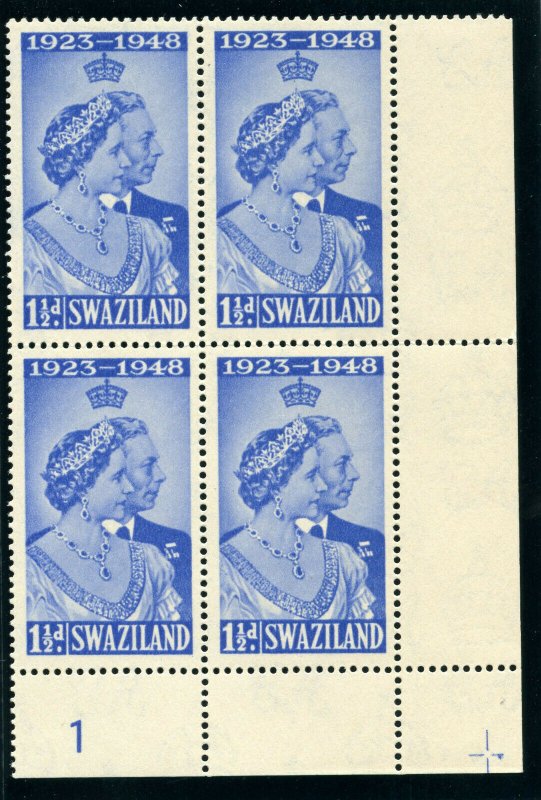 Swaziland 1948 KGVI Silver Wedding 1½d ultramarine PLATE 1 block MNH. SG 46.