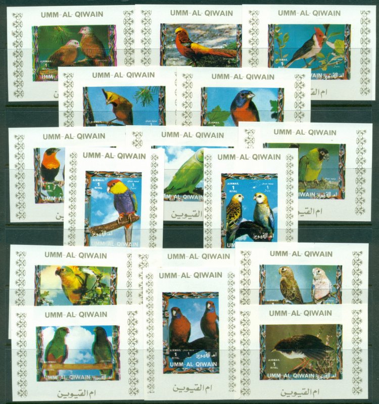 Umm al Qiwain 1972 Mi#1242-1257 Birds, Parrots & Finches, White/IMPERF 16xDLM...