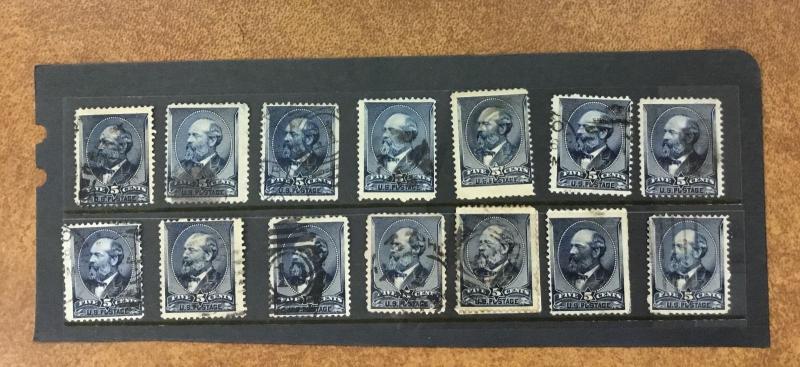 US Sc #216  1888 5c Garfield Used lot of 14 Singles