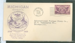 US 775 1935 3c Michigan Centennial Single On An Addressed, Typed On A FDC With A Grimsland Cachet