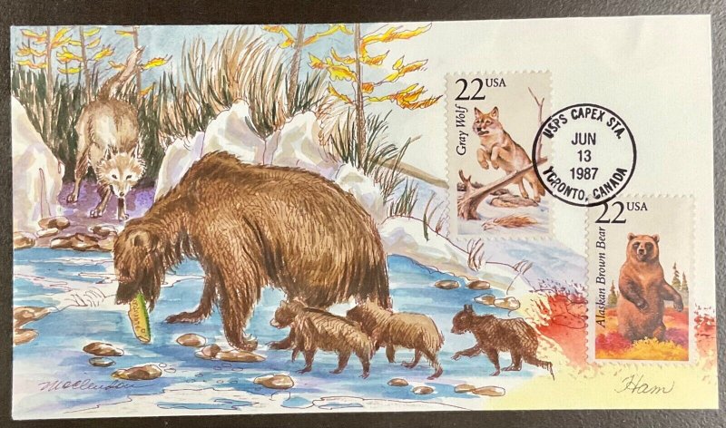2310 & 2322 Ham hand painted cachet Brown Bear & Gray Wolf FDC #86 of 225  1987
