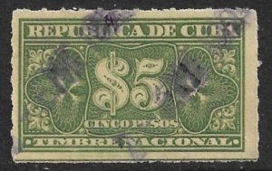 CUBA 1919 $5.00 Yellow Green Rouletted GENERAL REVENUE GP15 Used