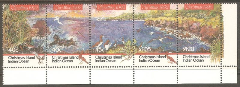 CHRISTMAS ISLAND Sc# 347 MNH FVF 5-Strip Bird Ocean Bay Palm Tree