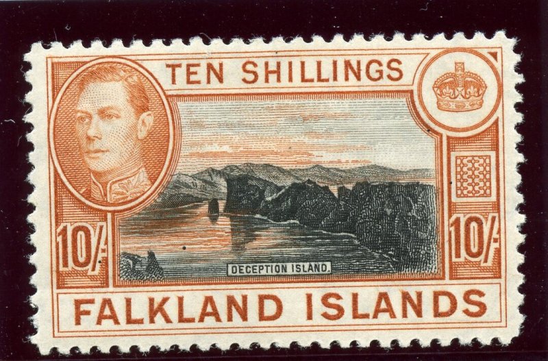 Falkland Islands 1937 KGVI 10s black & orange-brown MLH. SG 162. Sc 95.