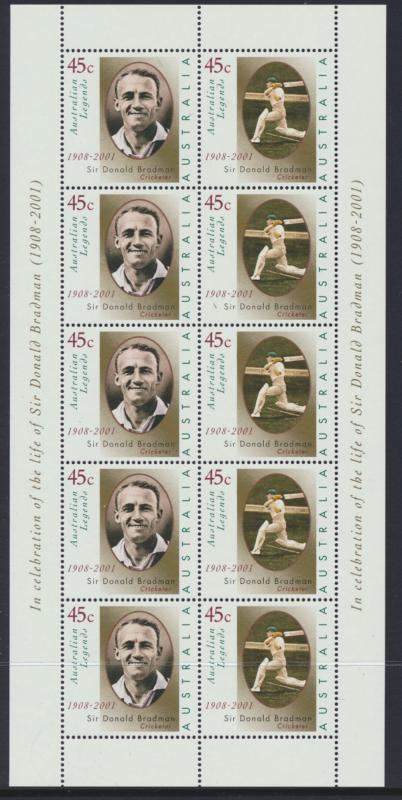 Donald Bradman Australian Legends sheet of 10 MNH SG 2077a SC# 1942a