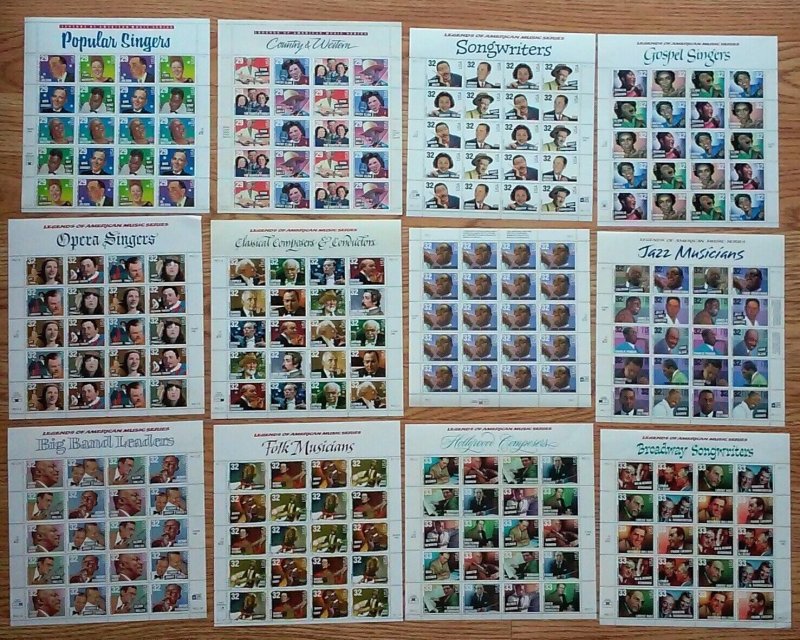 New 12 Sheets LEGENDS OF AMERICAN MUSIC SERIES 29¢ 32¢ 33¢ US A Postage Stamps