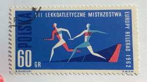 Poland 1962 Scott 1080 used - 60gr,  European Athletic Championships, relay race