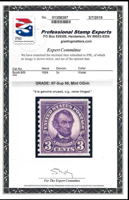 600 Mint,OG,NH... PSE Graded XF-Superb 95... SMQ $80.00