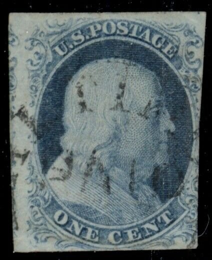 US #8A, 1¢ blue, type IIIa, used, faint corner crease, Miller cert, Scott $800.