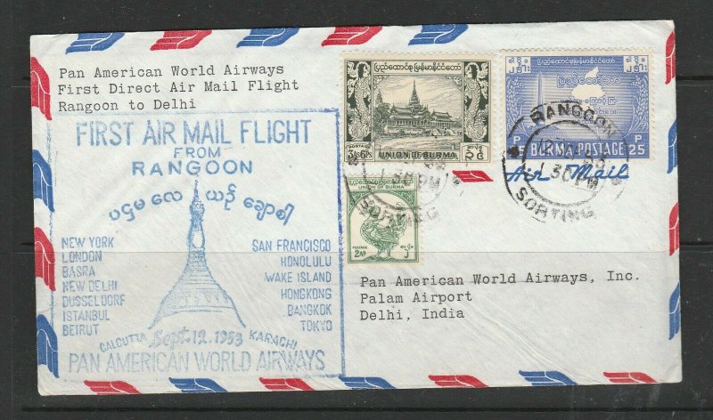 Burma FFC, Rangoon-Delhi, 1953 Illus Pan American airways, Rangoon sorting offic