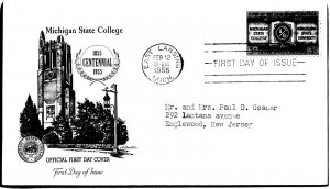 US COVER FIRST DAY OF ISSUE CENTENNIAL OF MICHIGAN STATE COLLEGE CACHET 1955