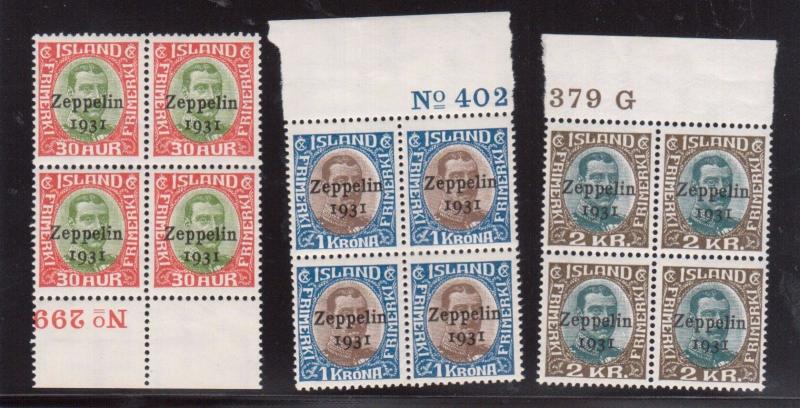 Iceland #C9 - #C11 Very Fine Never Hinged Plate Number Margin Blocks