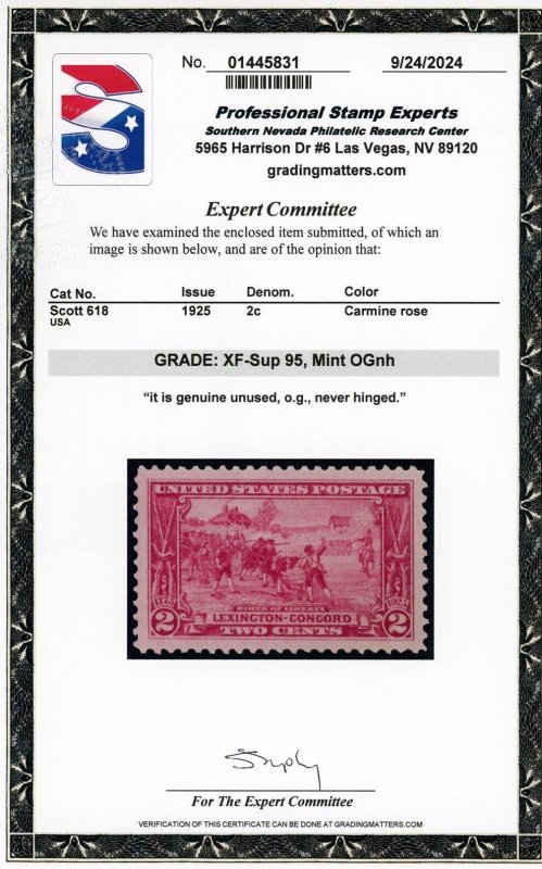 US Stamp #618 Lexington-Concord 2c - PSE Cert - XF-SUP 95 - MNH - SMQ $60.00