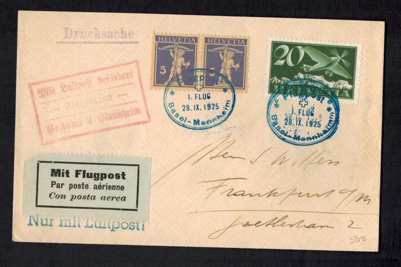 1925 Basel Switzerland First Flight Cover FFC to Frankfurt Germany