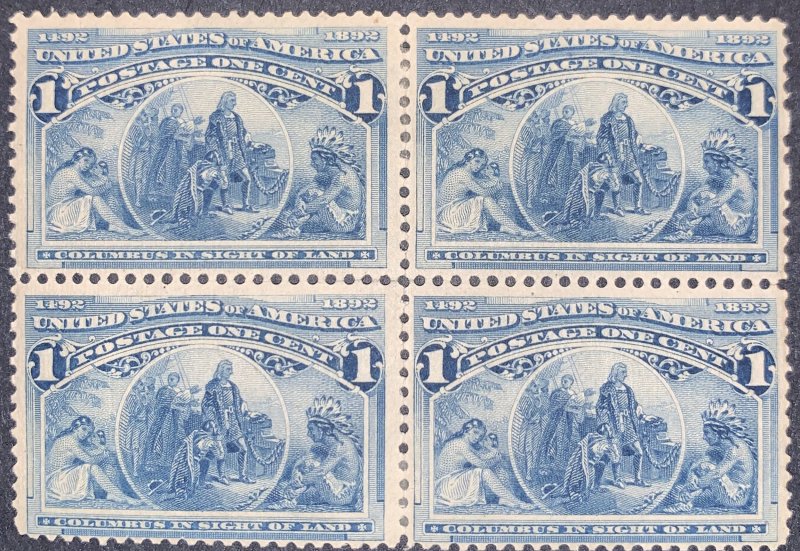 US #230 Block of 4 Mint Hinge OG.  Slight Dist.  1893 1c Columbian Commemorat...