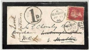 GB Cover YORK *1d* CHARGE MARK Forwarded 1866 SG.43 Scarborough {samwells}B75 