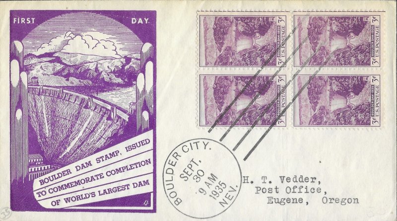 1935 FDC, #774, 3c Boulder Dam, R. Dyer, block of 4