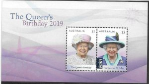 2019    AUSTRALIA  -  QUEENS BIRTHDAY MINI SHEET  -  UNMOUNTED MINT / MNH